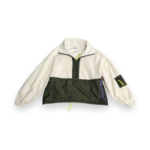 Peloton cropped athletic jacket cream, green, and purple
